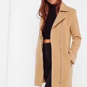 MISSGUIDED Faux Wool Camel Biker Coat